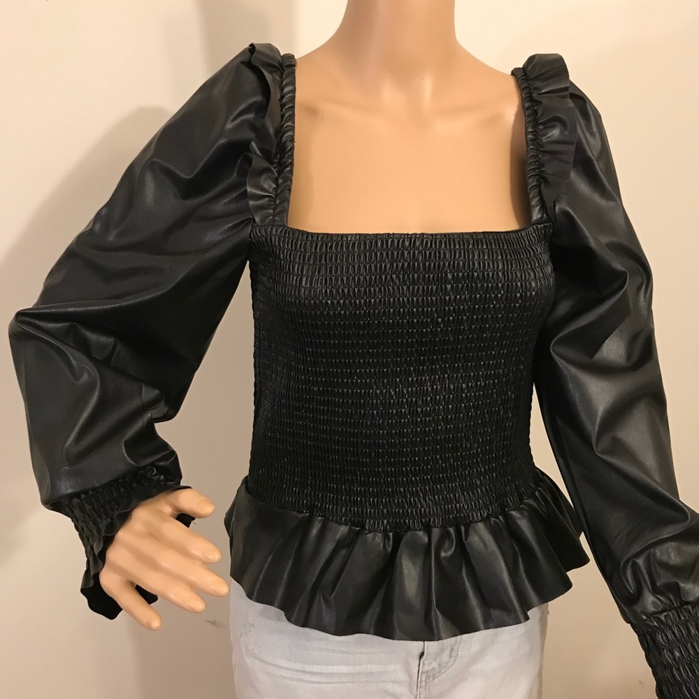 NWT 7 For All Mankind Faux Leather Smocked Top Medium